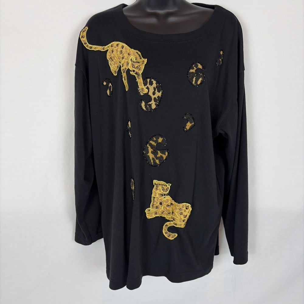 Vintage Black Glitter Tiger Pullover Shirt Women's M Big Cats Lisa International